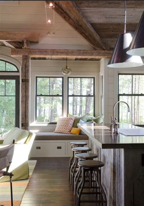 Kitchen, living space, window seat | Modern cottage decor, Rustic lake houses, Modern farmhouse ...