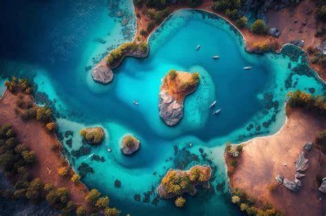 Premium AI Image | An aerial view of a lagoon with a blue lagoon and trees.