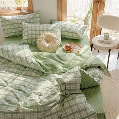 Plaid Bedding Set / Green - Dark Green / Large / Flat