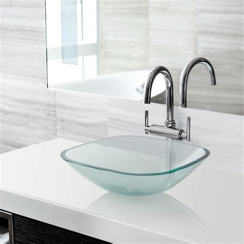 Miligore Modern Glass Vessel Sink - Above Counter Bathroom Vanity Basin Bowl - Square Clear ...