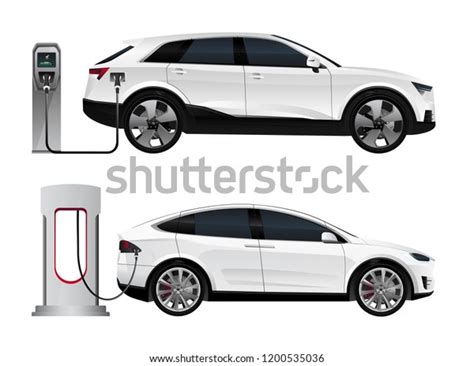 Set of electric SUV with charging stations. Vector illustration EPS 10