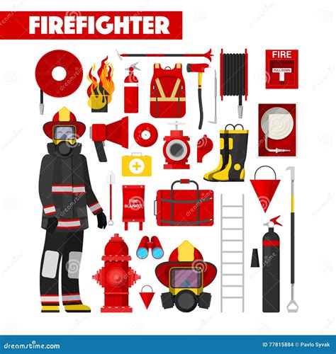 Profession Firefighter Icons Set with Firefighters Equipment Stock ...