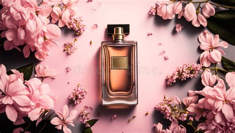 Luxury Perfume with Floral Scent for Women, Glass Fragrance Bottle on Pink Flatlay Background ...