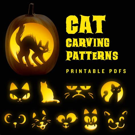 10 Halloween Cat Pumpkin Carving Jack-o-lantern Patterns / Including a Variety of Printable Cat ...