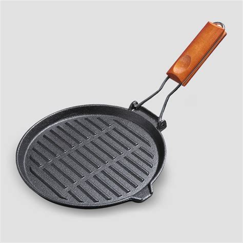 SOGA 24cm Round Ribbed Cast Iron Steak Frying Grill Skillet Pan with Folding Wooden Handle - Oz ...