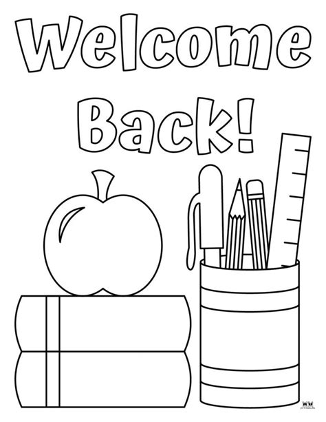 a welcome back coloring page with an apple and pencils in a bucket next ...