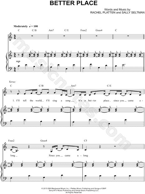 Rachel Platten "Better Place" Sheet Music in C Major (transposable) - Download & Print - SKU ...