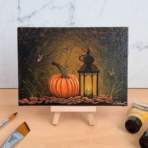 Original Acrylic Painting Pumpkin and Lantern Painting Autumn Painting ...