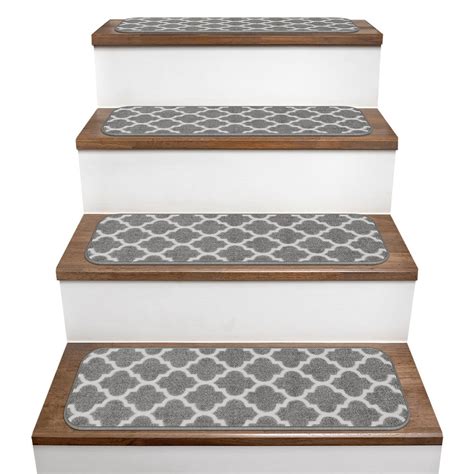 Set of 15 Skid-Resistant Carpet Stair Treads – Moroccan Trellis Lattice – Misty Gray & Linen ...