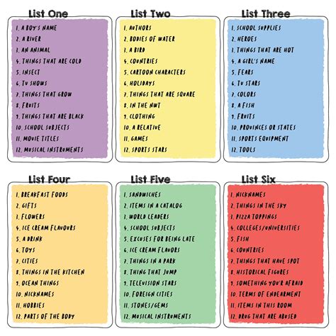 Scattergories Lists 1-12 Printable | Printablee | Scattergories lists, Scattergories, Free ...