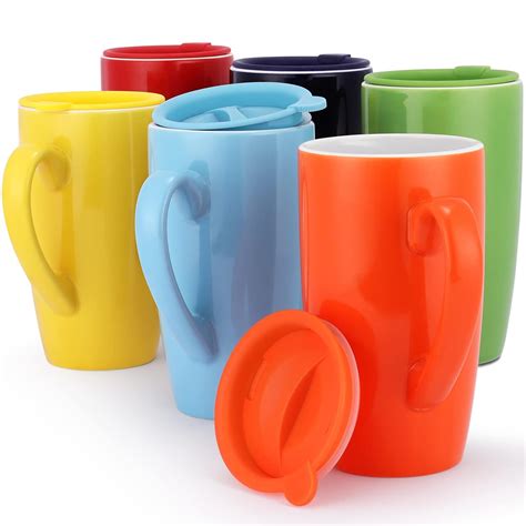 6 Pack Ceramic Coffee Mug Set with Lids, Vivimee 18 Ounce Large Tall Colored Coffee Mugs with ...