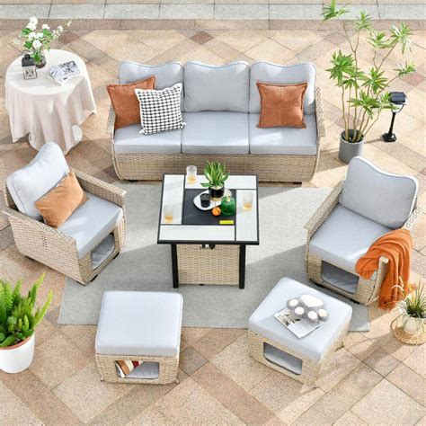 HOOOWOOO Echo Beige 6-Piece Wicker Outdoor Multi-Functional Patio Conversation Sofa Set with a ...