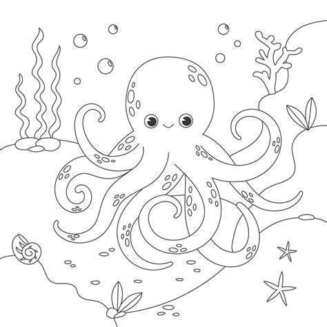 Childrens coloring book with octopus, fish, seabed, seaweed. Simple ...