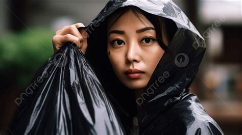 The Young Sad Asian Woman In A Garbage Bag Background, A Woman In Her ...