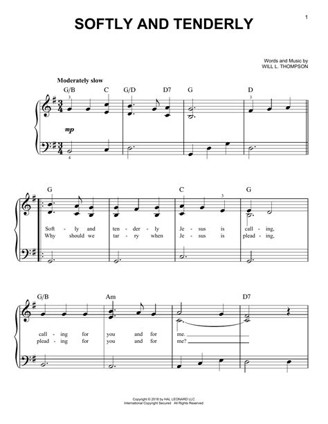 Will L. Thompson "Softly And Tenderly" Sheet Music Notes, Chords | Easy Piano Download Hymn ...