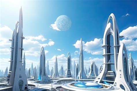 Futuristic city in the blue sky. 3D rendering. Futuristic Alien city ...