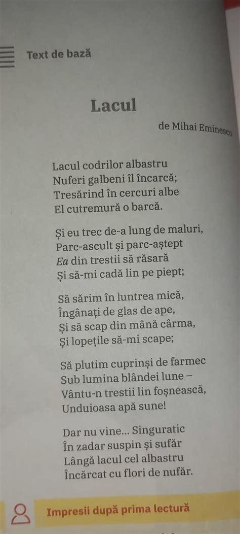 transcrieti din poezia Lacul de mihai Eminescu doua versuri in care ...