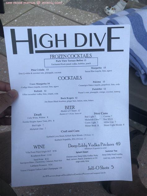 Menu at High Dive pub & bar, Houston