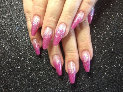 Coffin acrylic nails with pink acrylic and white glitter | Flickr
