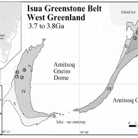 Map of Isua Greenstone Belt (3.7–3.8 Ga) showing the five structural ...