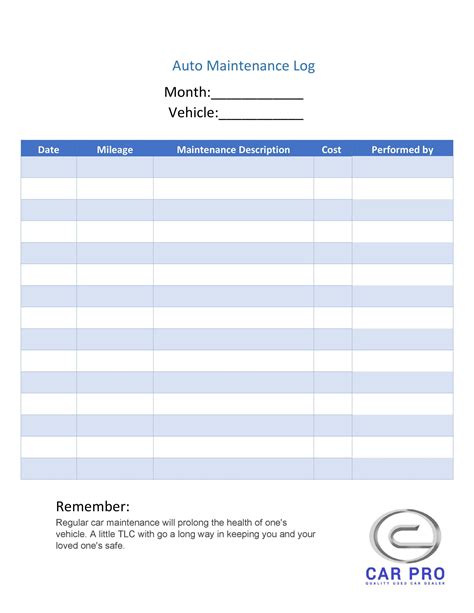 Vehicle Maintenance Log Free Printable