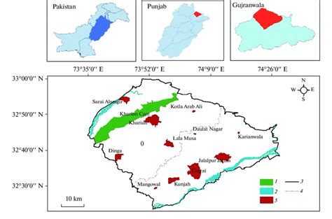 Map of Gujrat district. (1) Forests; (2) rivers. Borders of: (3 ...