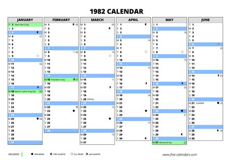 1982 calendar ≡ free-calendars.com