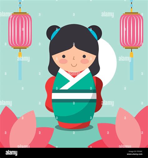 floral decoration chinese lanterns and japanese kokeshi doll in kimono vector illustration Stock ...
