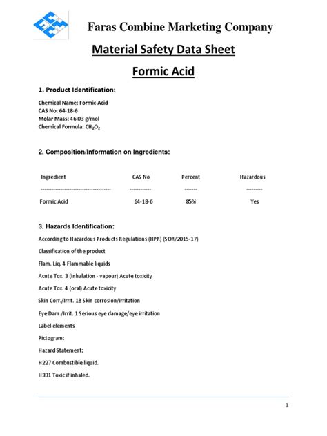 Material Safety Data Sheet Formic Acid | PDF | Toxicity | Biodegradation