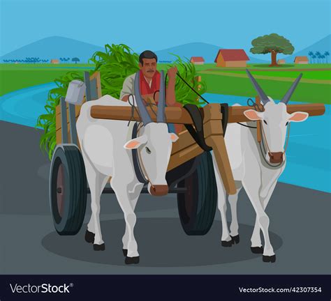 Farmer riding a bullock cart Royalty Free Vector Image