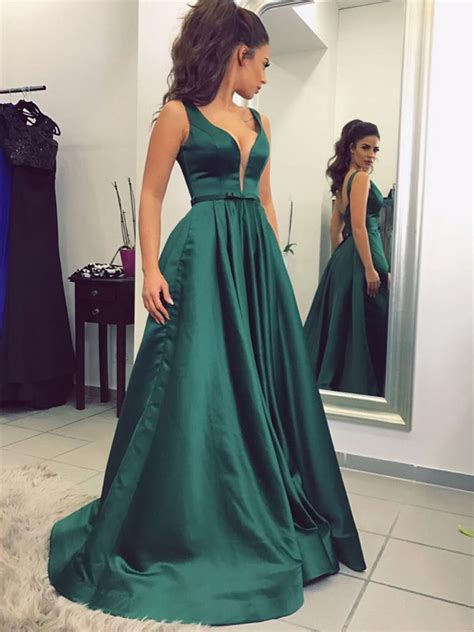 Chic Prom Dresses V-neck A-line Floor-length Dark Green Prom Dress/Eve – Anna PromDress