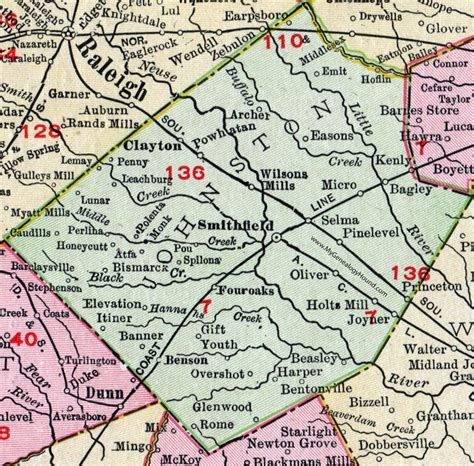 Johnston County, North Carolina, 1911, Map, Rand McNally, Smithfield, Selma, Benson, Princeton ...