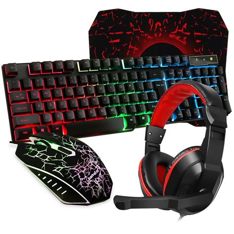 Gaming Keyboard and Mouse Combo with Headset, RGB Rainbow Backlit 104 Keys USB Wired Keyboard ...