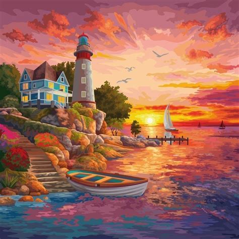 Lighthouse @ 🌇 Sunset☀️ | Arte de paisagens, Ideias para pintura ...