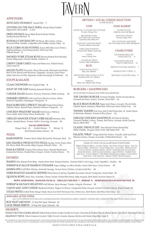 Bedford Village Inn & Restaurant menu in Bedford, New Hampshire, USA