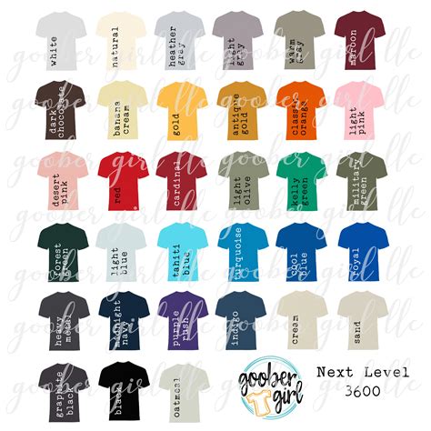 Digital Design, Next Level 3600 T-shirt Color Chart, Digital Download ...