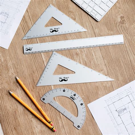 Mr. Pen - Geometry Set, 4 Pack, Metal Protractor, Aluminum Ruler, Metal ...