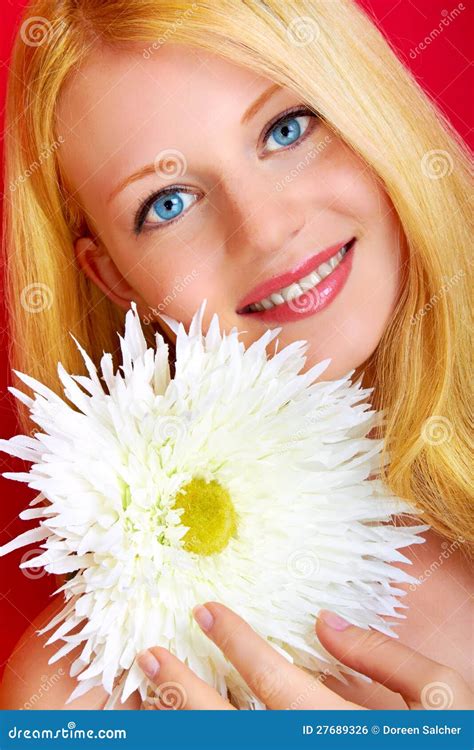 Pretty Smiling Girl with Flower Stock Photo - Image of positive, cute ...