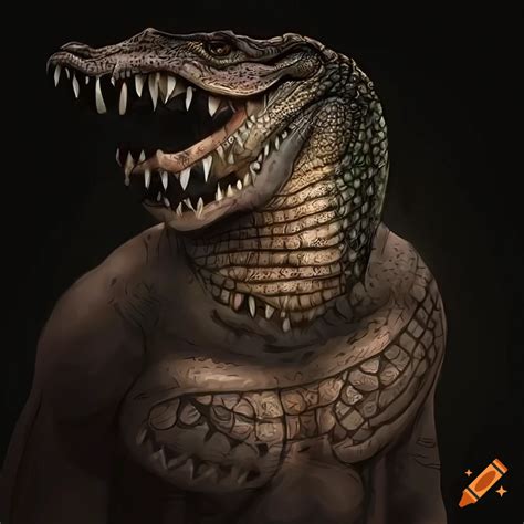 Digital artwork of a powerful crocodile-human hybrid in tribal style ...