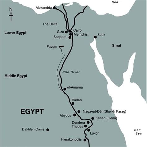 Map of ancient Egypt showing key cemetery sites and important cities ...