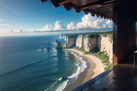 Premium AI Image | A balcony with a view of a beach and the ocean.