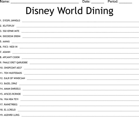Disney World Dining Word Scramble - WordMint