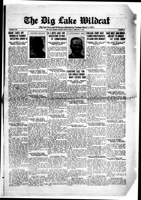 The Big Lake Wildcat (Big Lake, Tex.), Vol. 8, No. 23, Ed. 1 Friday, February 9, 1934 - Page 1 ...