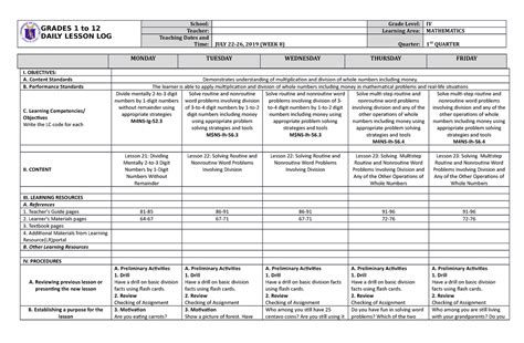 DLL Mathematics 4 Q1 W8 - DLL MATH - GRADES 1 to 12 DAILY LESSON LOG School: Grade Level: IV ...