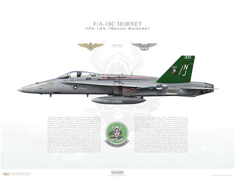 Aircraft profile print of F/A-18C Hornet VFA-125 Rough Raiders, NJ300 / 163726 "NAVY & EAWS Wing ...