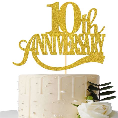 Buy Gold Glitter 10th Anniversary Cake Topper - for Happy 10th Wedding ...