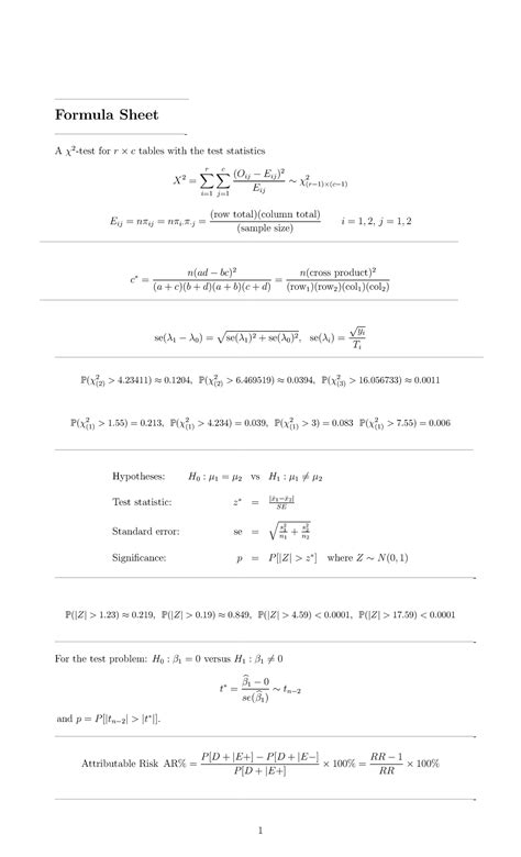 Formula Sheet - STAT 337 S23 - —————————————– Formula Sheet —————————————- A χ 2 -test for r × c ...