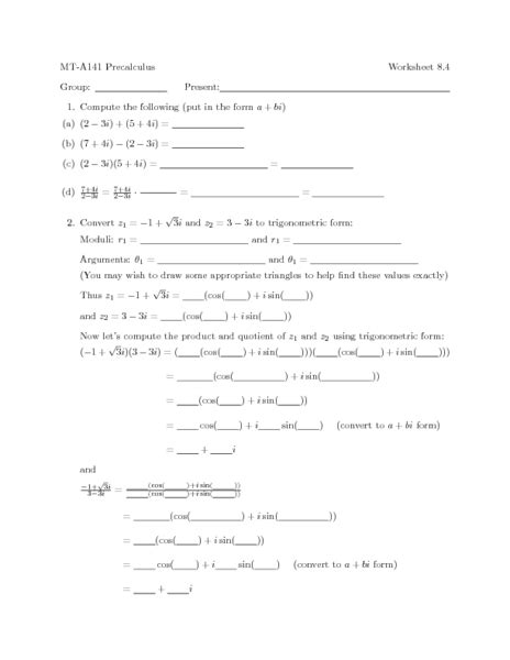 PreCalculus Worksheet 8.4 Worksheet for 11th - 12th Grade | Lesson Planet