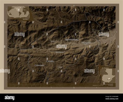 El Progreso, department of Guatemala. Elevation map colored in sepia ...