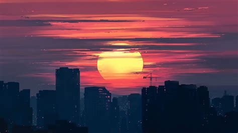 sunset, sunlight, rooftops, Aenami, clouds, powerlines, stars, digital ...